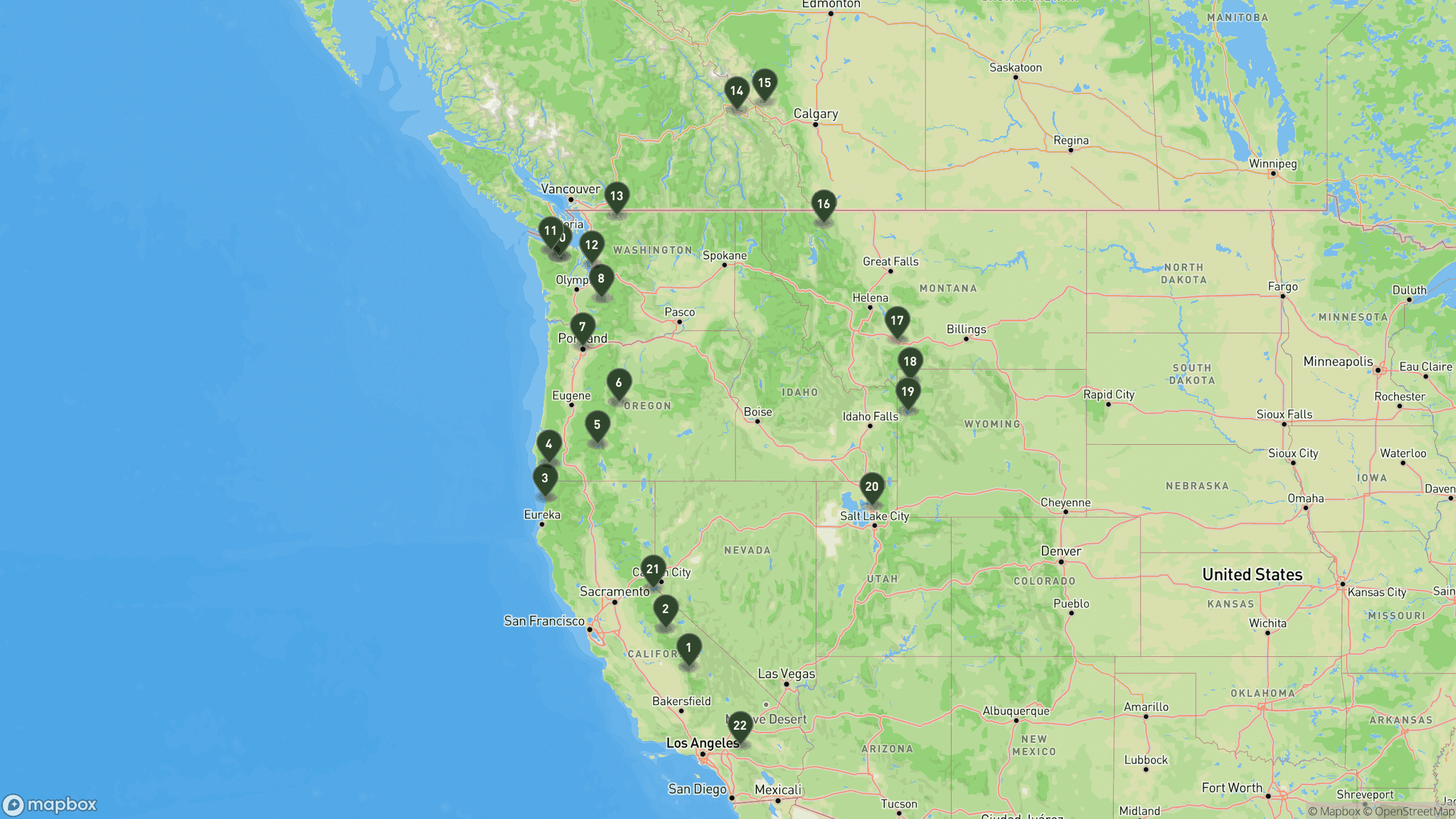 Map of the 36-day Western U.S. and Canada road trip from Palm Springs through California, Oregon, Washington, BC, Alberta, Montana, Wyoming, and Utah