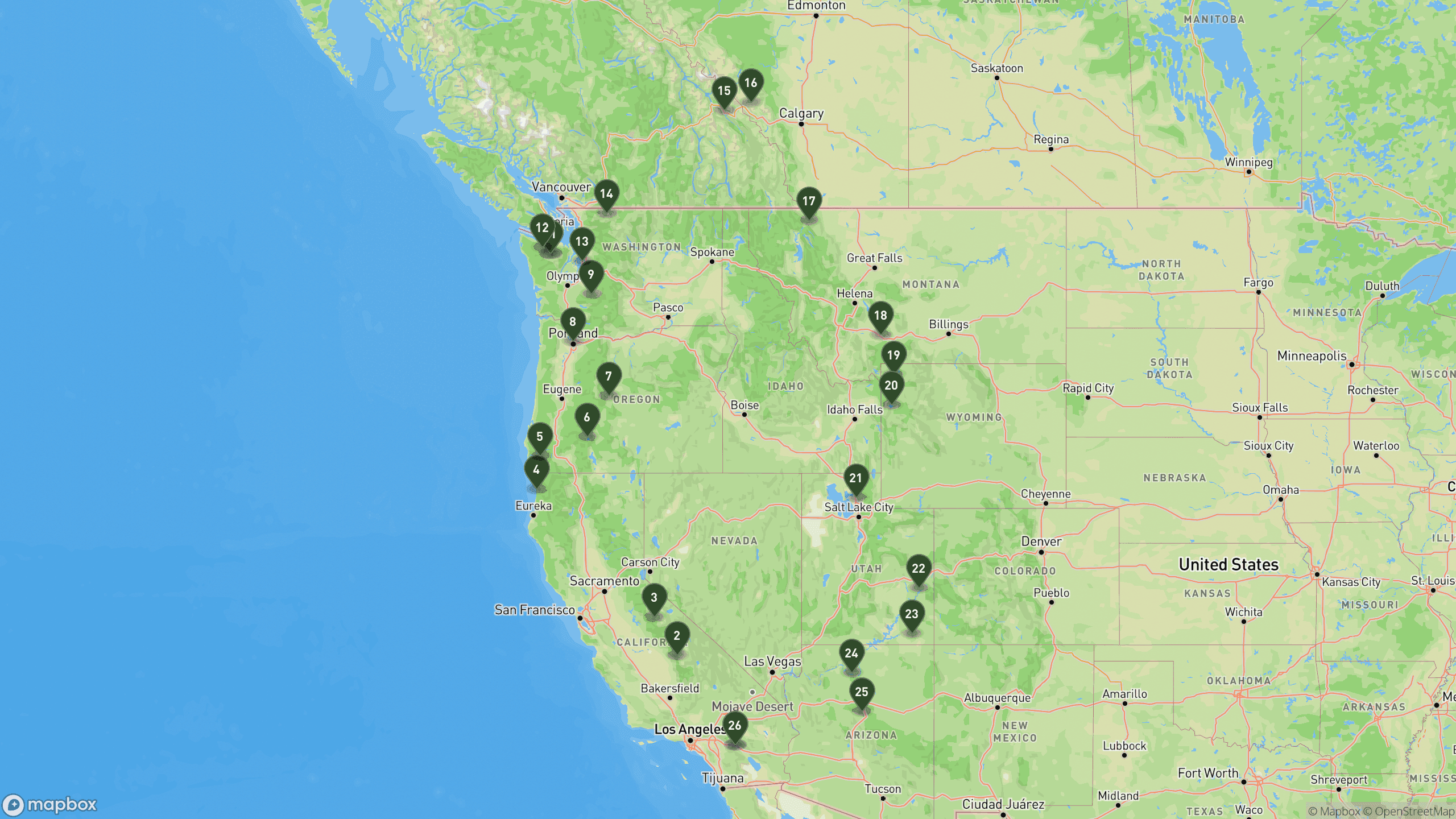 Map of the 42-day Western U.S. and Canada road trip, 26 numbered stops from Palm Springs through California, Oregon, Washington, BC, Alberta, Montana, Wyoming, Utah, and Arizona